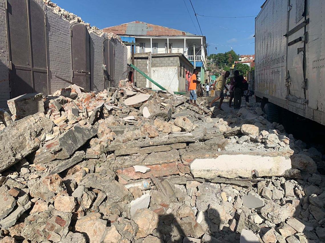 Scene in Les Cayes in Southwest Haiti after an earthquake struck on Saturday, Aug. 14, 2021.