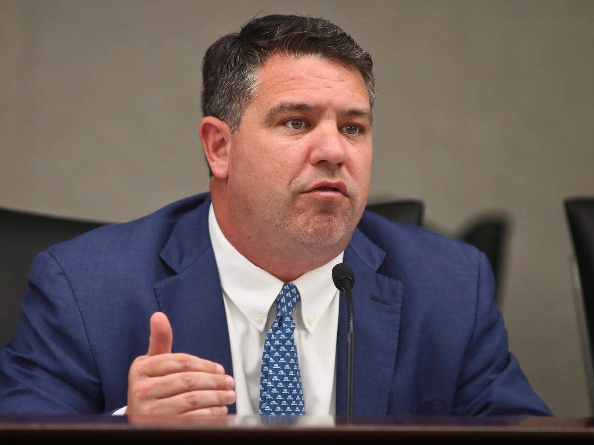 Fiscal Policy Committee chair Sen. Travis Hutson, R-St. Augustine, asks a question during discussion of Senate Bill 6B: Transportation of Inspected Unauthorized Aliens on Tuesday, Feb. 7, 2023, at the Capitol in Tallahassee. Florida legislators are meeting in a special session to take up a list of issues proposed by Gov. Ron DeSantis.