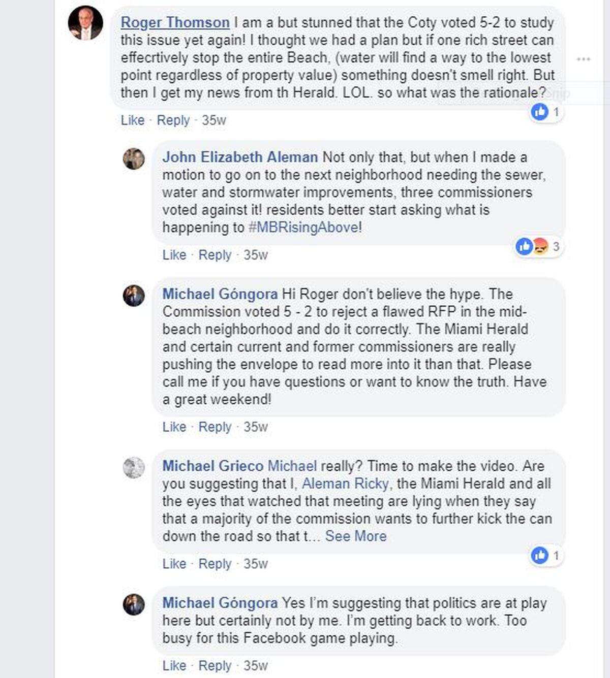 Two Miami Beach Commissioners responded on Facebook to a resident’s concerns about a controversial decision to pause a street raising project. Public officials in Florida have to be careful when they post about city business on social media because of the state’s broad open government law.