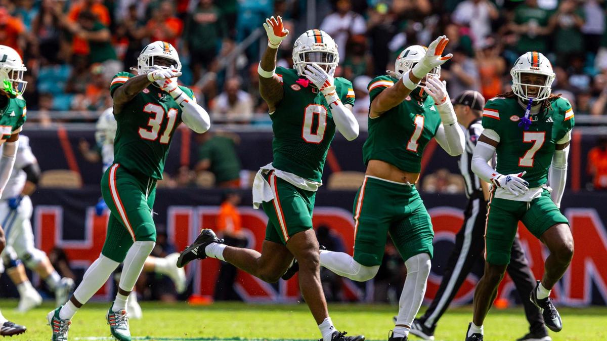 Miami Hurricanes defensive back Mishael Powell (0)reacts with teammates after intercepting the pass during the first half of an ACC football game against the Duke Blue Devils at Hard Rock Stadium on Saturday, Nov. 2, 2024, in Miami Gardens, Fla.