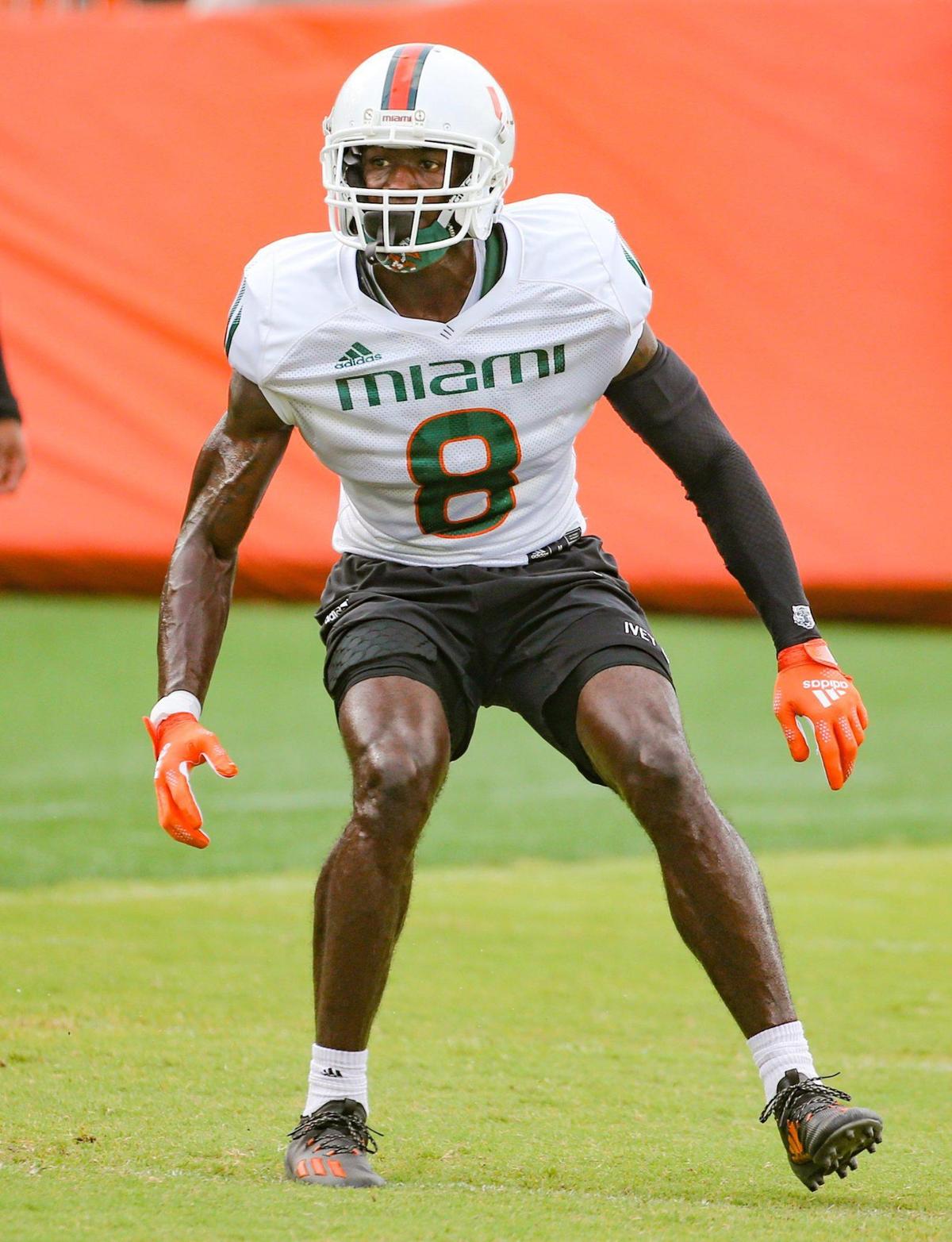 Miami Hurricanes defensive lineman DJ Ivey, Jr. (8) runs through practice drills at Greentree Practice Field at the University of Miami in Coral Gables on Tuesday, August 9, 2022.