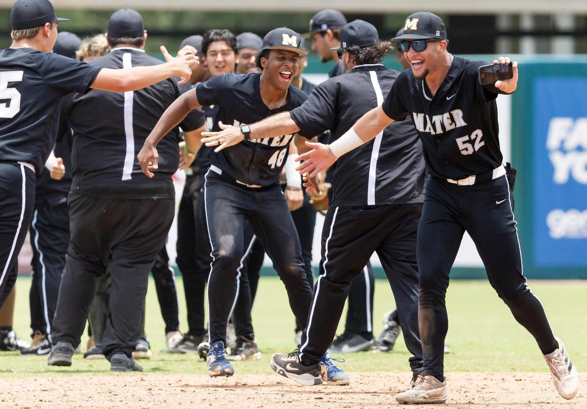 Mater Academy Charter Lions outfielder Dylan Fernandez (52) celebrates after defeating the Wesley Chapel Wildcats in their Class 5A state baseball championship game at Hammond Stadium on Saturday, May 17, 2025, in Fort Myers, Fla.