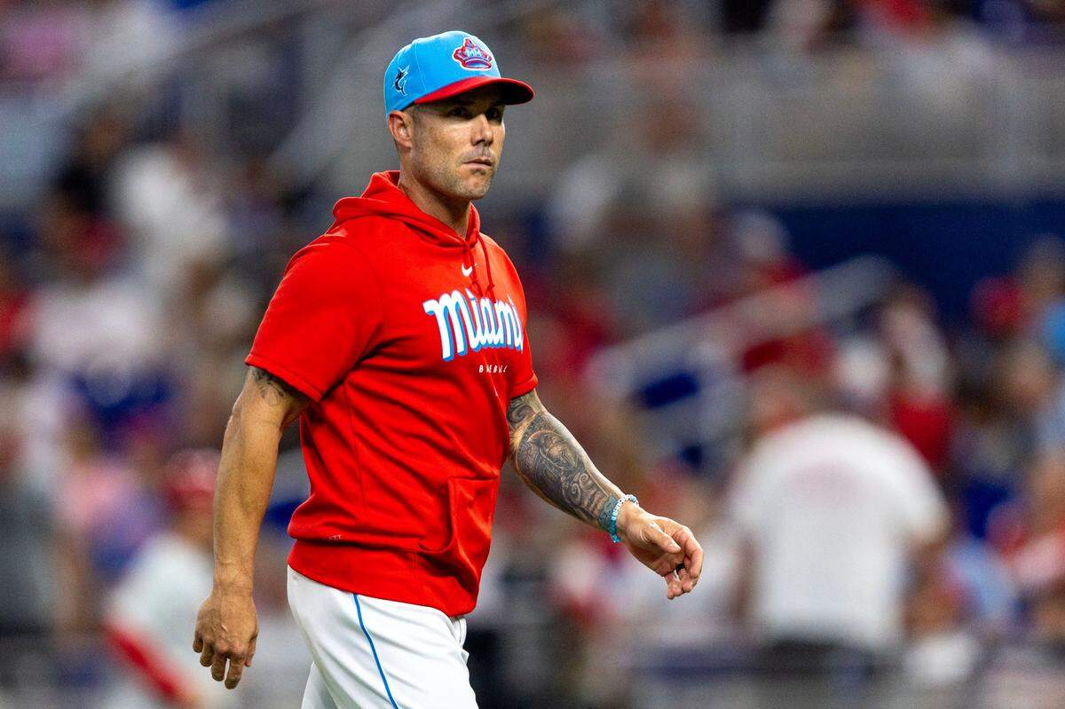 Miami Marlins manager Skip Schumaker reacts during the ninth inning of an MLB game against the Philadelphia Phillies at loanDepot park in the Little Havana neighborhood of Miami, Florida, on Saturday, July 8, 2023.