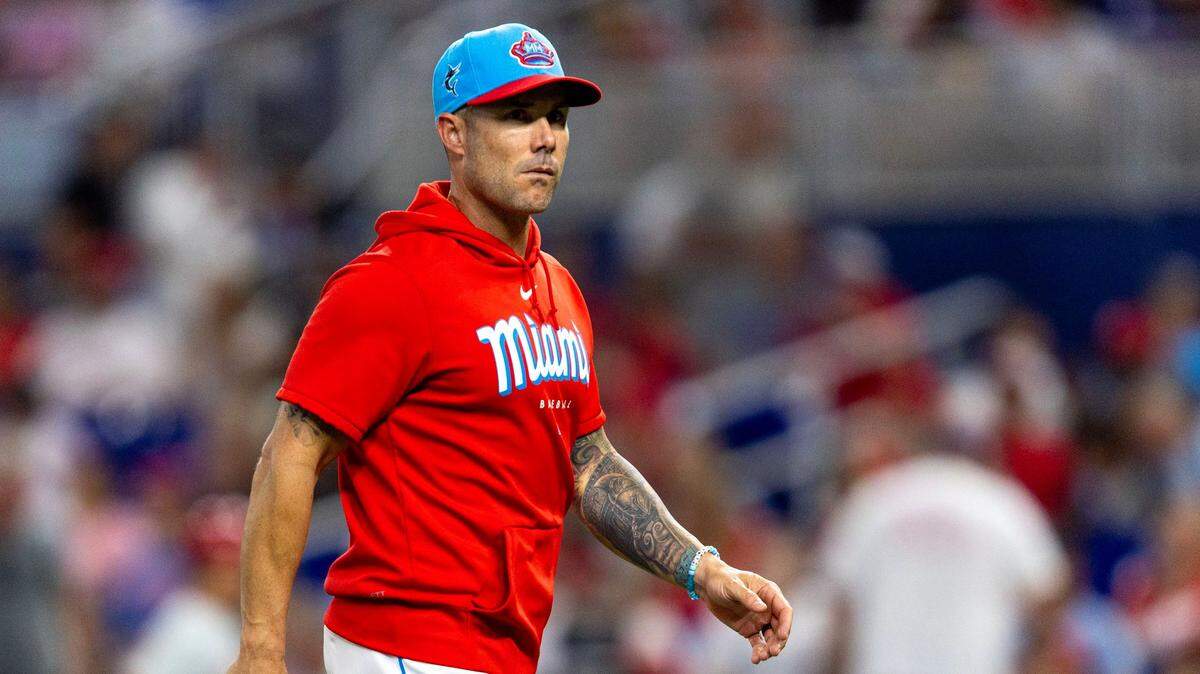 Miami Marlins manager Skip Schumaker reacts during the ninth inning of an MLB game against the Philadelphia Phillies at loanDepot park in the Little Havana neighborhood of Miami, Florida, on Saturday, July 8, 2023.