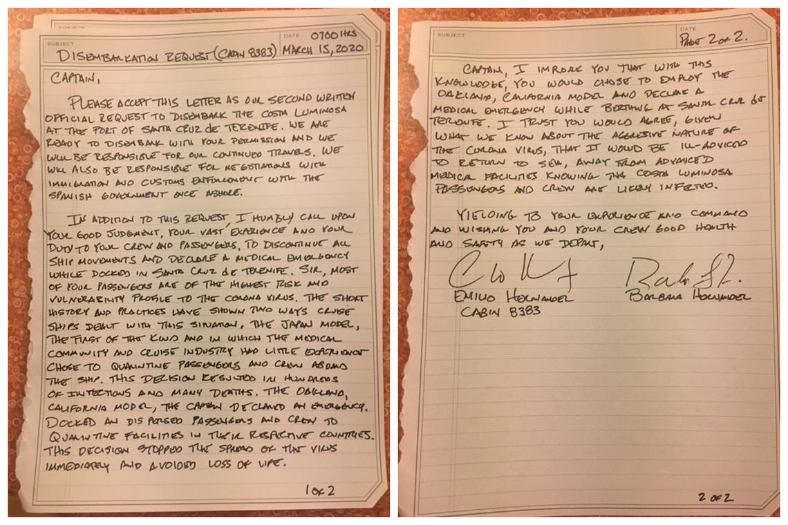 Emilio and Barbara Hernandez of Miami sent a letter to the captain of the Costa Luminosa cruise ship on Sunday asking to be let off in Spain. The ship left Sunday evening after three passengers with respiratory illnesses were offloaded. The Hernandezs remain on board.