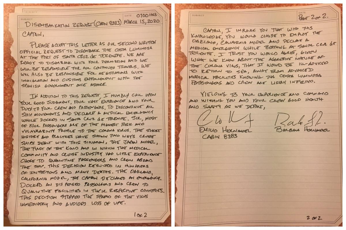 Emilio and Barbara Hernandez of Miami sent a letter to the captain of the Costa Luminosa cruise ship on Sunday asking to be let off in Spain. The ship left Sunday evening after three passengers with respiratory illnesses were offloaded. The Hernandezes remained on board.