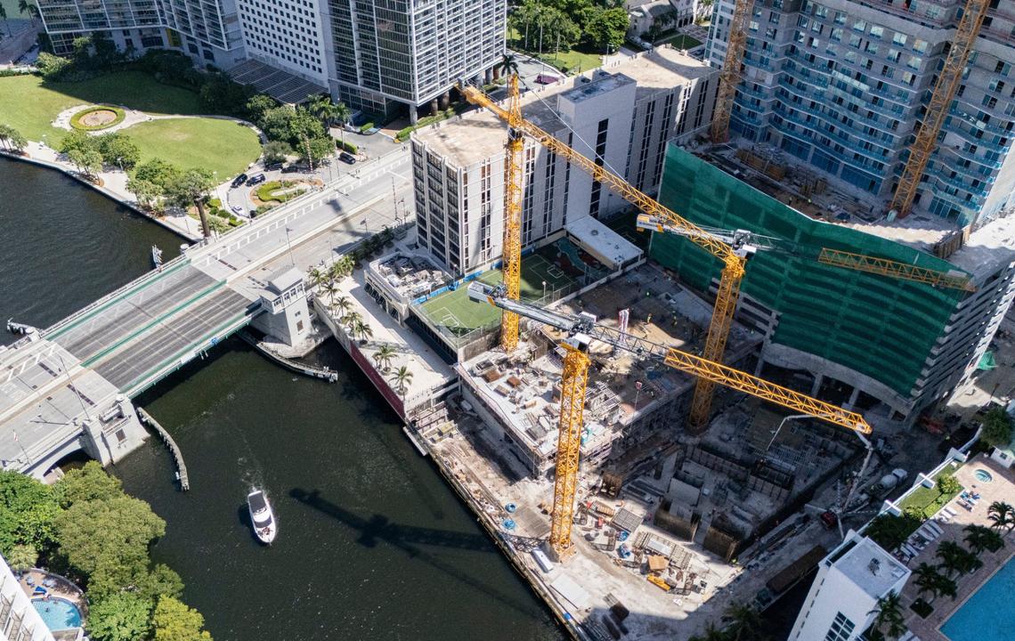 An aerial view taken in September 2024 shows two residential towers under construction by Related Group on the Miami River site where archaeologists unearthed remnants of a 3,000-year-old indigenous village. Construction began after extensive archaeological excavations concluded.
