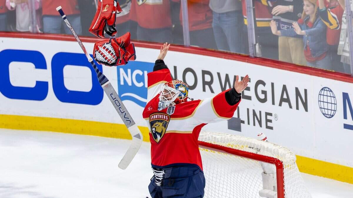 Florida Panthers goaltender Sergei Bobrovsky (72) celebrates after defeating the Edmonton Oilers 5-1 in Game 6 of the NHL Stanley Cup Final