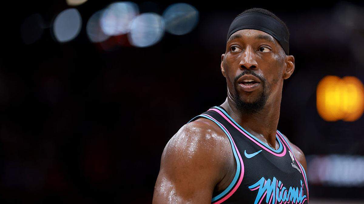 Bam Adebayo #13 of the Miami Heat looks on during the game between the Miami Heat and the Houston Rockets at Toyota Center on March 21, 2026 in Houston.