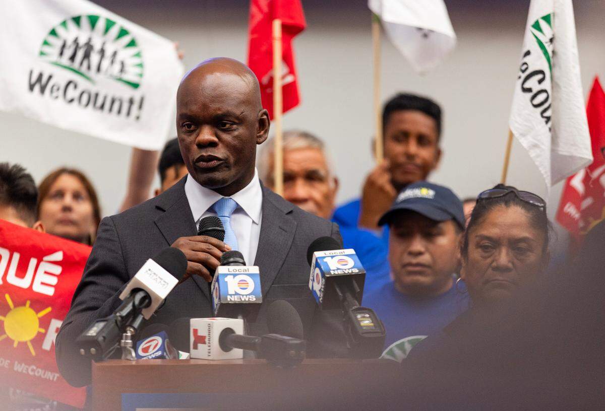 Miami-Dade County Commissioner Kionne McGhee speaks during a press conference held by WeCount! at the Stephen P. Clark Government Center on Tuesday, July 18, 2023. McGhee introduced a bill that would give outdoor workers protections on hot days if passed.