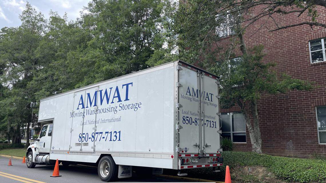 A moving truck was parked outside the Republican Party of Florida offices in Tallahassee on Monday, May 15, 2023, as workers relocated members of Gov. Ron DeSantis’ political operation to their own office.