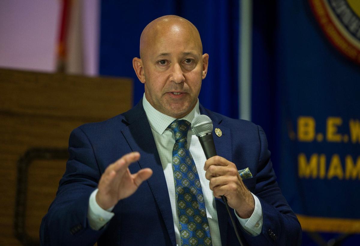 Mario Knapp, Republican candidate for Miami-Dade County sheriff in 2024, speaks during a forum for Miami-Dade sheriff held at the IBEW Local 349 Union Hall, in Miami, on Wednesday, May 29, 2024.