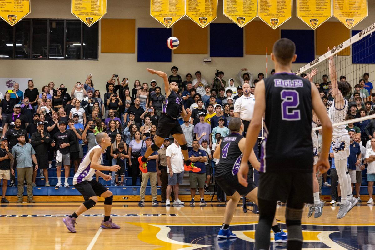 Southwest outside hitter Andrew Ovalle (21) hits the ball during the men’s volleyball regional final against Belen on Tuesday, May 14, 2024, in Miami, Fla.