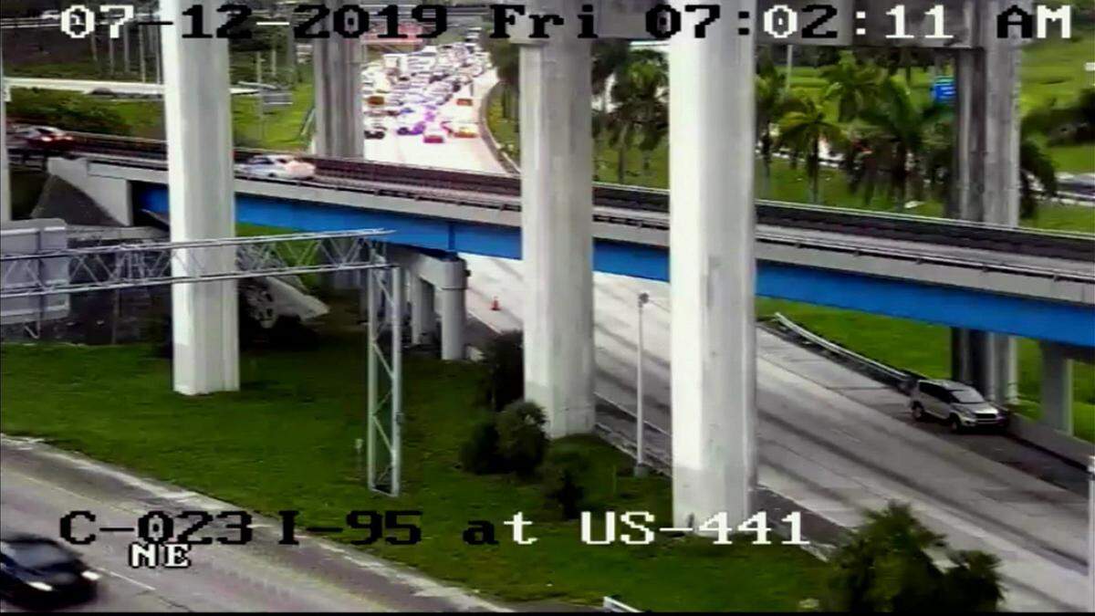 Traffic is backed up on southbound I-95 near the Golden Glades interchange on July 12, 2019.