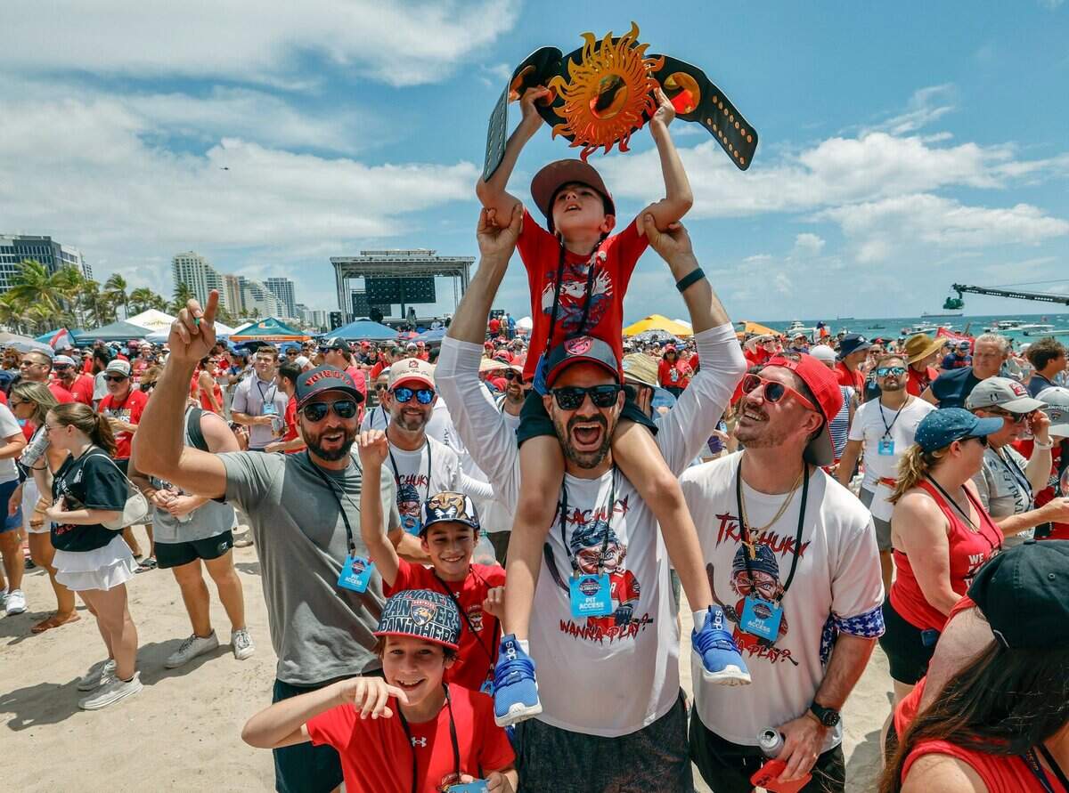 Panthers fans celebrate during the Florida Panthers Stanley Cup victory parade and rally at the beach along A1A in Fort. Lauderdale, Florida on Sunday, June 22, 2025.