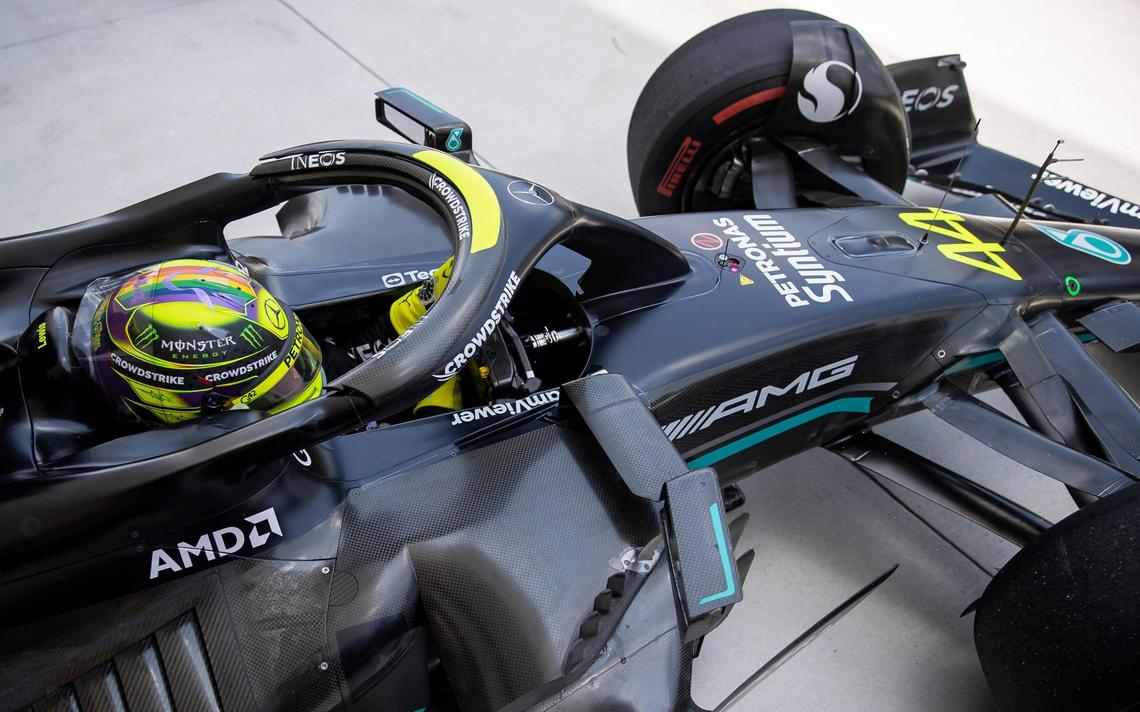 British Formula One driver Lewis Hamilton of Mercedes-AMG Petronas pit stops during the third practice session at the Formula One Miami Grand Prix at the Miami International Autodrome on Saturday, May 6, 2023, in Miami Gardens, Fla.