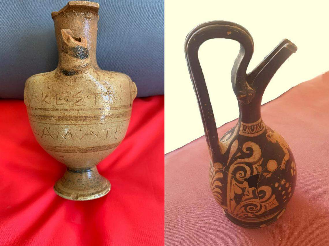 Left: Pottery engraved with the name of the goddess Demeter. Right: Another pottery vessel found at the temple.