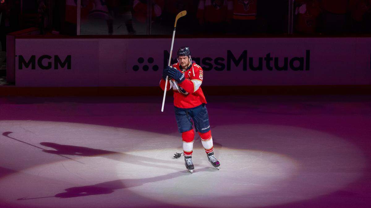 Florida Panthers center Aleksander Barkov (16) skates after he’s honored as the first star of the game after their 6-1 win over the Boston Bruins in Game 2 of the second-round series of the Stanley Cup Playoffs at Amerant Bank Arena on Wednesday, May 8, 2024, in Sunrise, Fla.