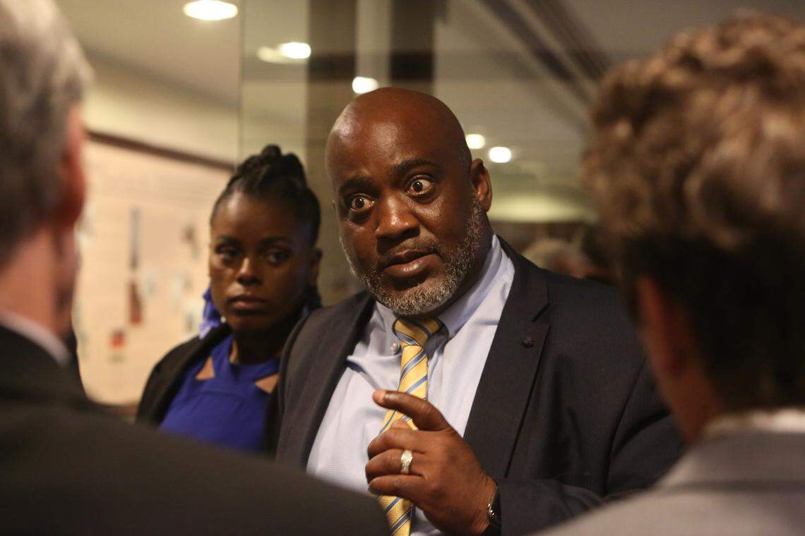 Desmond Meade, president of the Florida Rights Restoration Coalition, answers reporters’ questions after the House passed the Amendment 4 bill, Friday, May 3, 2019.