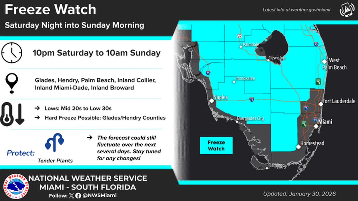 National Weather Service in Miami freeze map for the coming subfreezing temperatures, issued on Jan. 30, 2026.