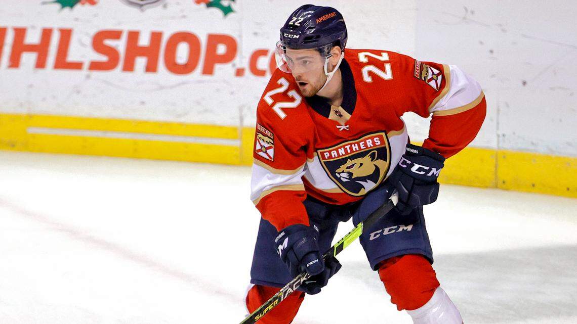 Florida Panthers defenseman Chase Priskie (22) practice before the start of an NHL game against Los Angeles Kings at the FLA Live Arena on Thursday, December 16, 2021 in Sunrise, Fl.