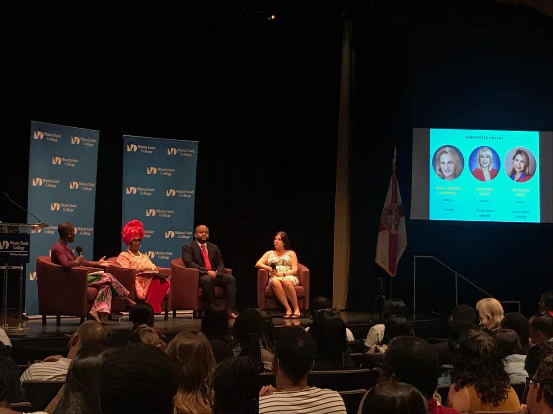 Miami-Dade County School Board candidates, from left, Irene Torroella-Garcia, Dorothy Bendross-Mindingall, and Brandon Alfred  speak at a candidate forum hosted by public education advocacy group P.S. 305 at the Miami Dade College Wolfson Campus on August 7.
