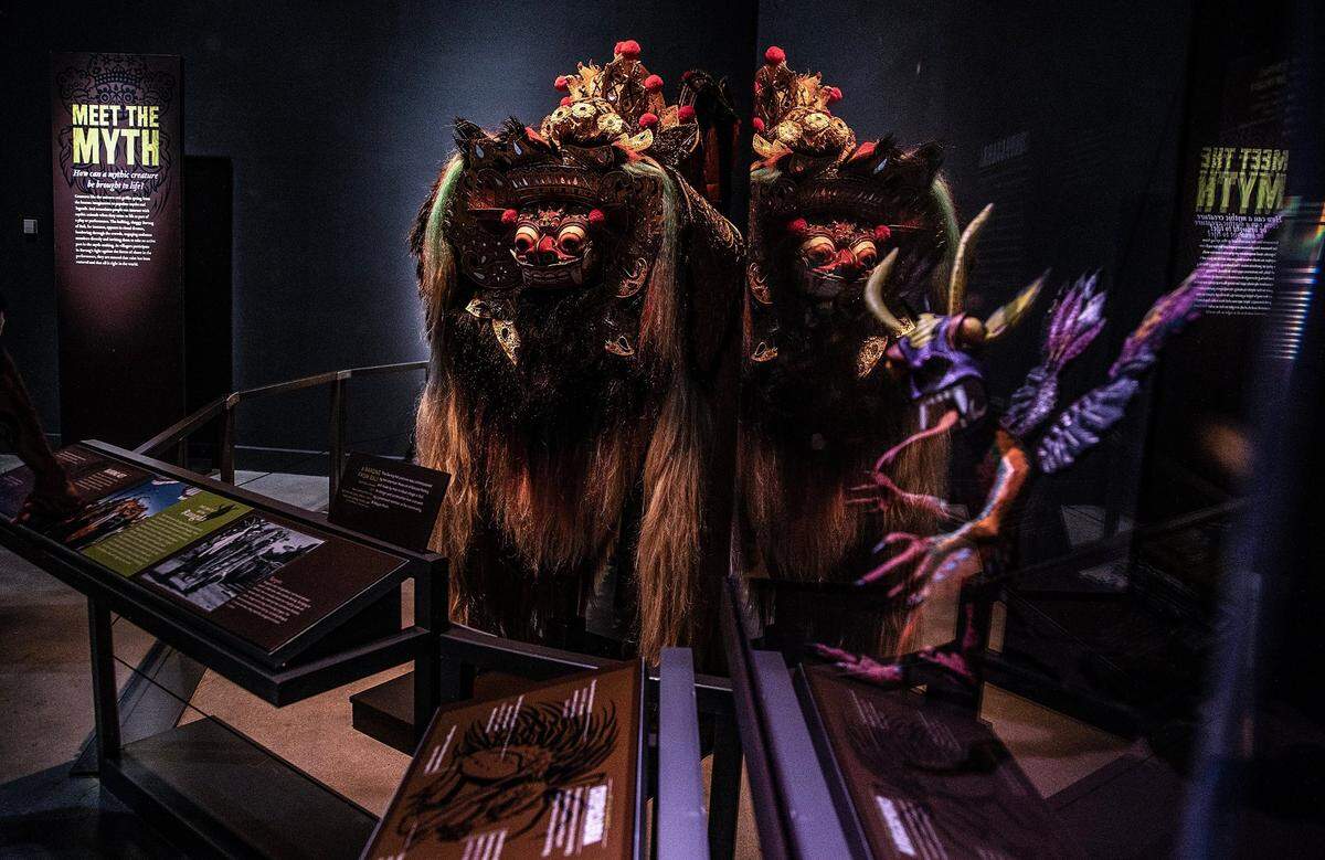 View of a “Chupacabra” -Goat Sucker” (right), a modern myth in the Americas and a Barong Ket mask, an important cultural artifact in Bali, part of the “Mythic Creatures: Dragons, Unicorns & Mermaids”, exhibition on display at the HistoryMiami Museum, The exhibition opening on July 8th, traces the natural and cultural roots of some of the world’s most enduring mythological creatures from Asia, Europe, the Americas, and beyond, and even how Miamians embrace their own mythic fantasies. Organized by theAmerican Museum of Natural History in New York, on Saturday, July 08, 2023.