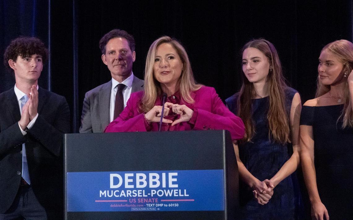 Miami, Florida, November 5, 2024 - Debbie Mucarsel-Powell on stage with her family, speaking to supporters during an election night party at JW Marriott Miami: 1109 Brickell Avenue, Miami, FL 33131