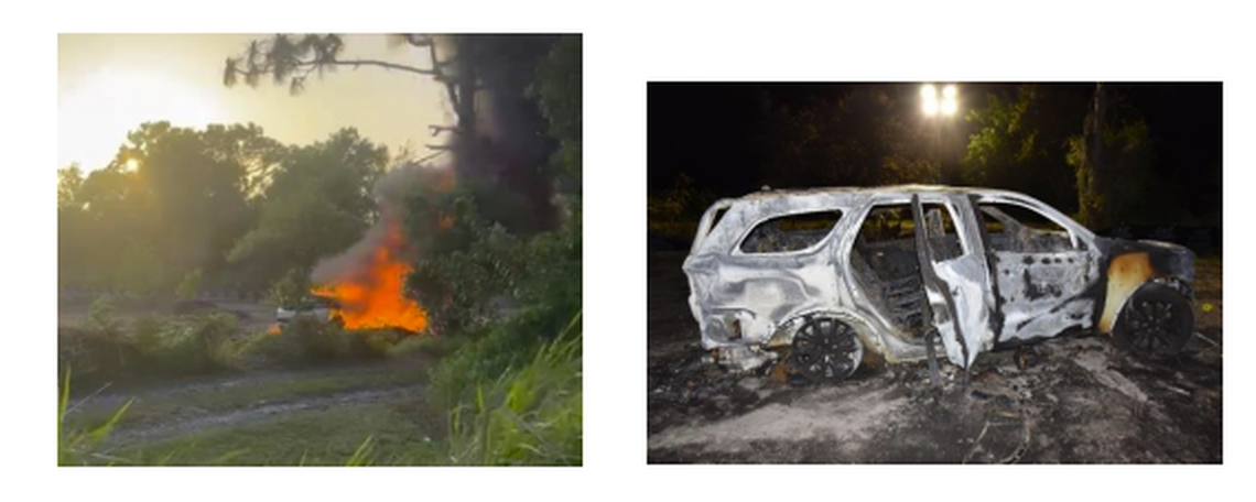 The white Durango in which Katherine Altagracia Guerrero De Aguasvivas was carjacked was set ablaze.