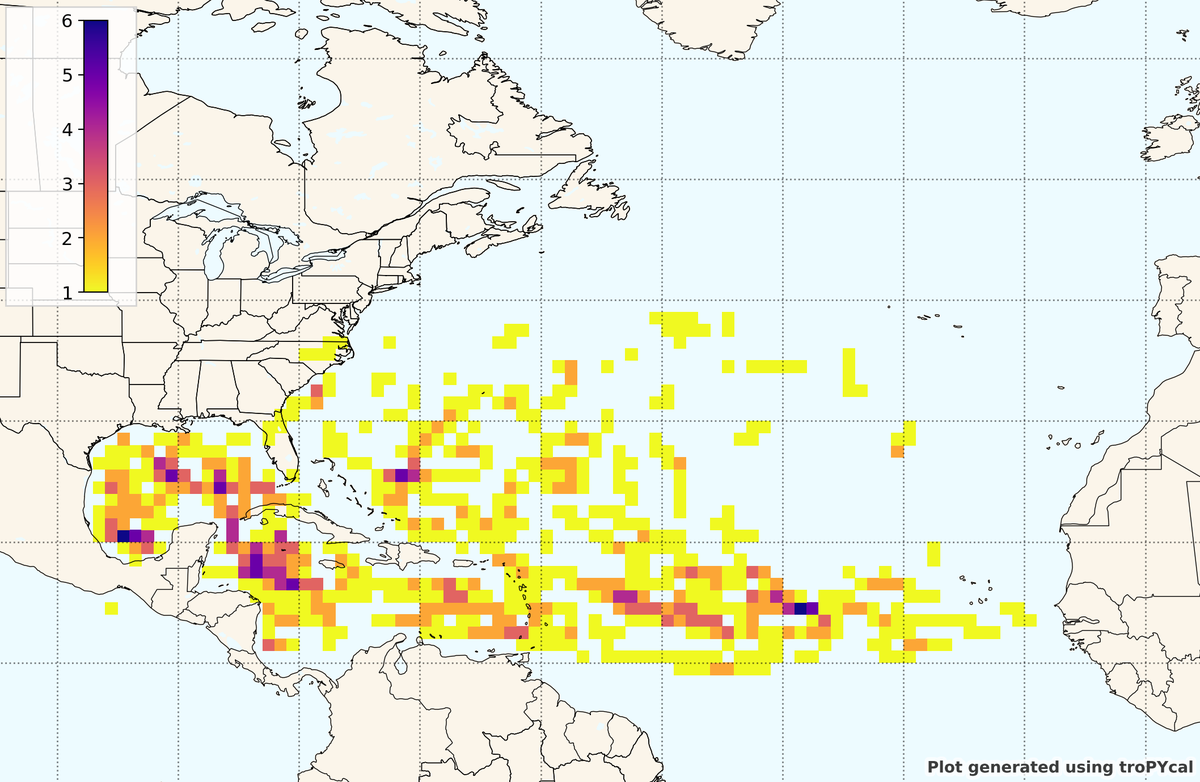 More storms have rapidly intensified in the Gulf of Mexico’s waters, which have undergone significant warming. The map below shows the number of storms that rapidly intensified at a given location across the Atlantic basin. Map generated using the Tropycal python package. Storm tracks from NOAA’s International Best Track Archive for Climate Stewardship, from 1982 to 2024.