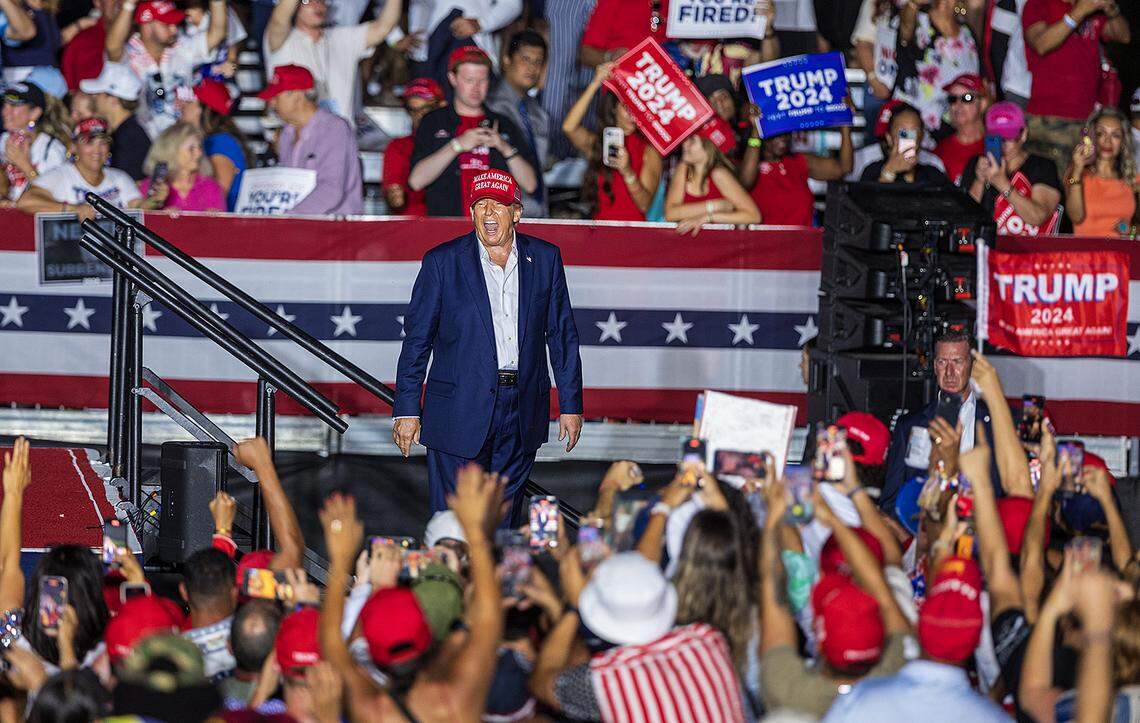 Former President Donald Trump reacts after his speech during a rally at the Trump National Doral Miami, in Doral on Tuesday, July 09, 2024.