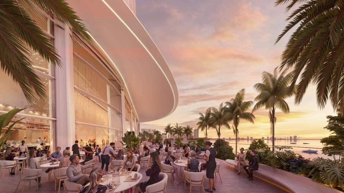 Foster + Partners artistic rendering filed to Miami-Dade County in August 2024 of the design of Ken Griffin’s proposed Citadel 54 story tower at 1201 Brickell Bay Dr. This is a view from the terrace looking north.
