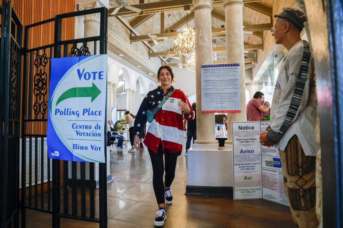 Veronica Loretta exits the Polling Place after voting at the Coral Gables Country Club where precincts 601 and 608 are located during Election Day in Coral Gables, Florida on Tuesday, November 5, 2024.