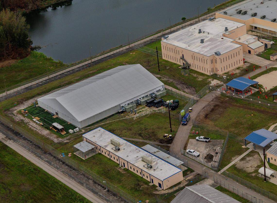 Aerial view of a gigantic tent built recently at the Krome Detention Center in West Miami,, Florida on Friday July 04, 2025.