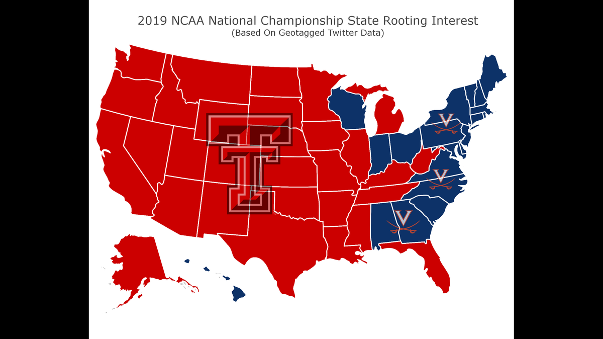 Fans from 30 states are cheering Texas Tech against Virginia in Monday’s NCAA Tournament’s national championship game, according Twitter data compiled using geotagged tweets with popular fan hashtags.