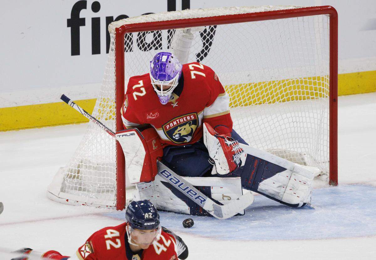 Florida Panthers goaltender Sergei Bobrovsky (72) blocks a shot on goal during the second period of a game against the New Jersey Devils on Thursday, Nov. 20, 2025, at Amerant Bank Arena in Sunrise, Fla. 