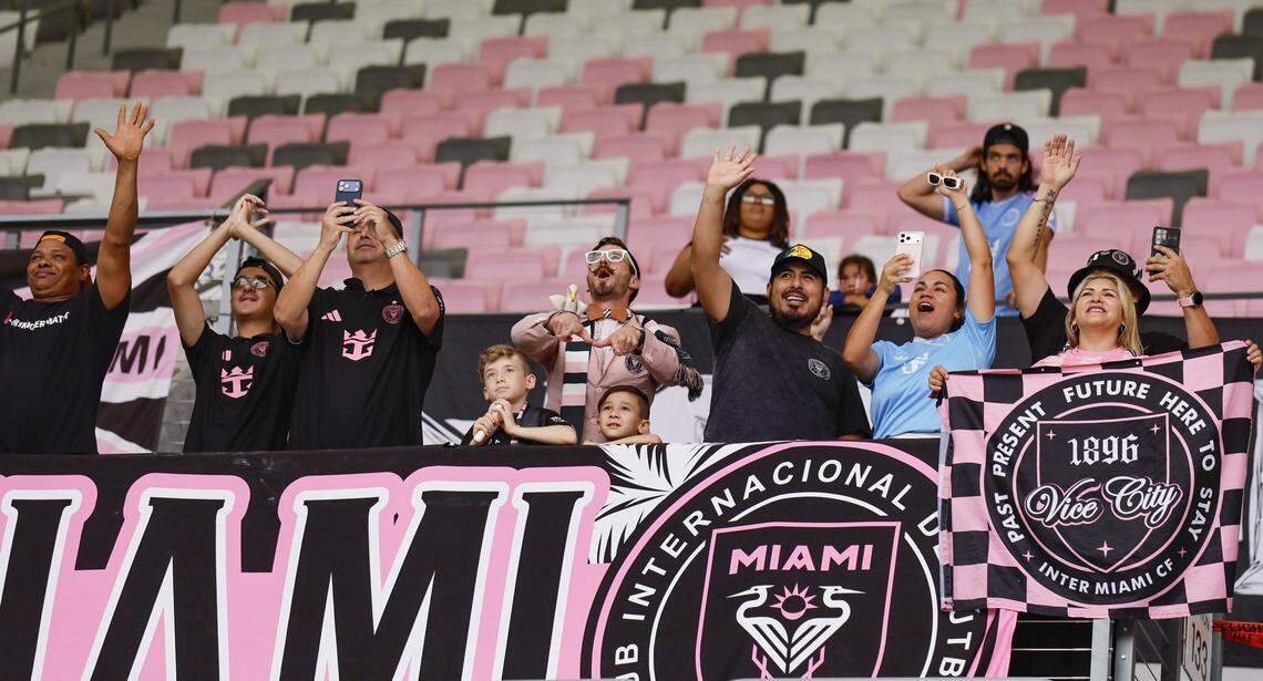 Inter Miami CF fans watch the team practice from the stands at Nu Stadium at Miami Freedom Park on Thursday, April 2, 2026, in Miami, florida.