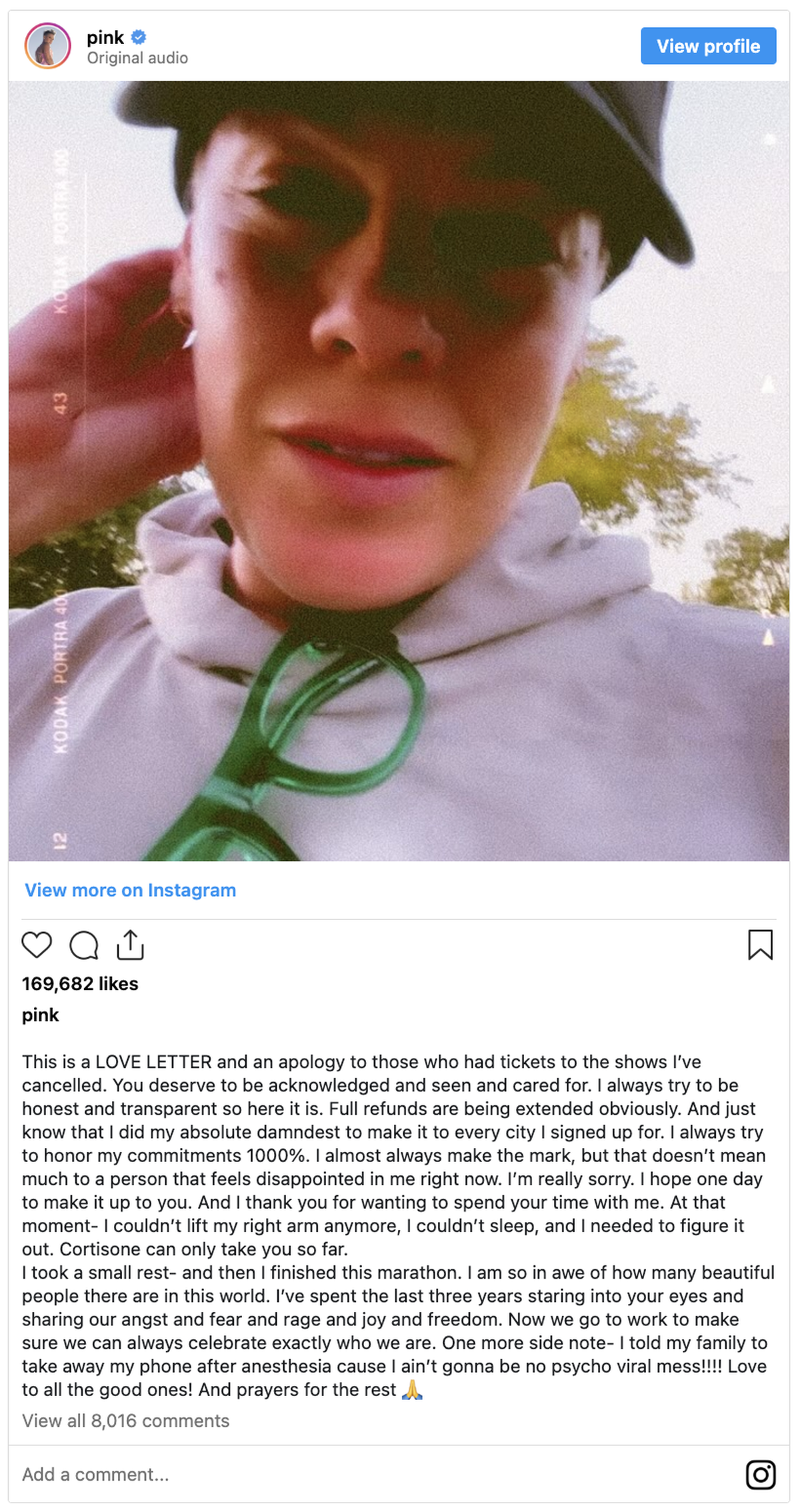 Pink issues an apology while revealing major health concerns.