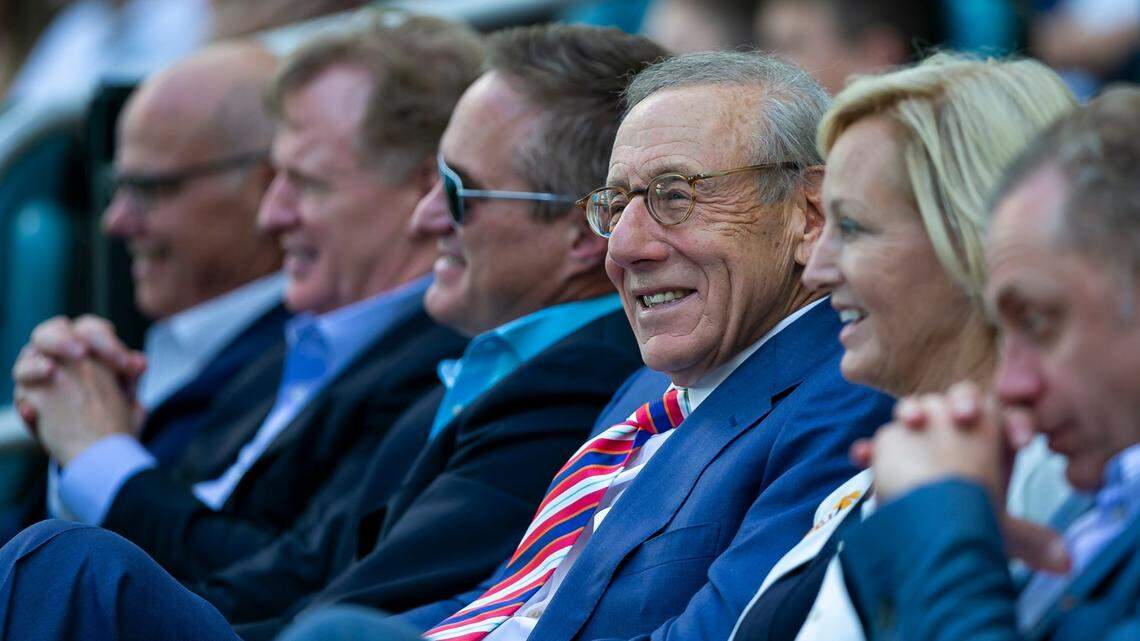 Stephen Ross, center, attends the Don Shula Celebration of Life event hosted by the Miami Dolphins at the Hard Rock Stadium on Saturday, Oct. 2, 2021.