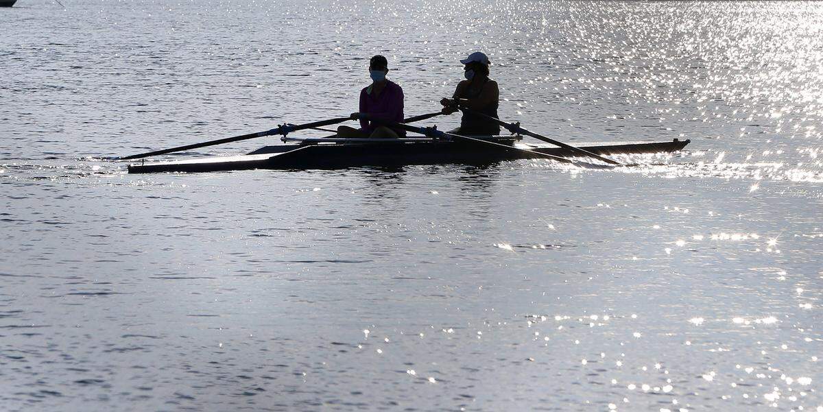 A Miami Rowing Club crew practices on Monday, Sept. 26, 2020. A huge increase in Jet Ski traffic during the coronavirus pandemic has created a chaotic and dangerous situation at the Miami Marine Stadium basin, where speeding personal watercraft drivers put rowers, kayakers, dragon boaters and triathletes in danger.
