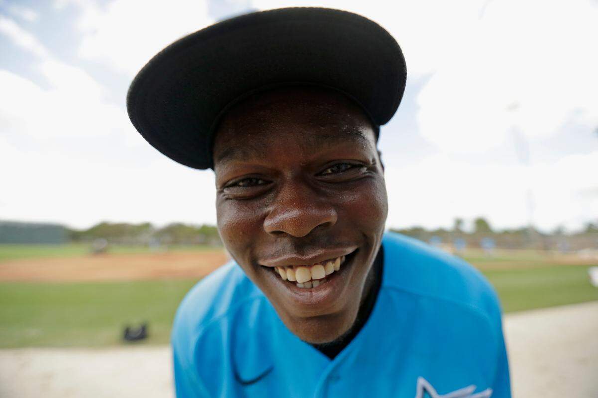 Miami Marlins infielder Jazz Chisholm (70) smiles for the camera during the spring training workout at Roger Dean Stadium on Thursday, February 20, 2020 in Jupiter, FL.