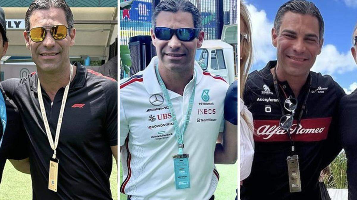 From left to right, photographs posted to Instagram show Miami Mayor Francis Suarez wearing the color-coded passes granting access to the 2023 Formula One Grand Prix Paddock Club on May 5, May 6 and May 7, 2023, respectively. 