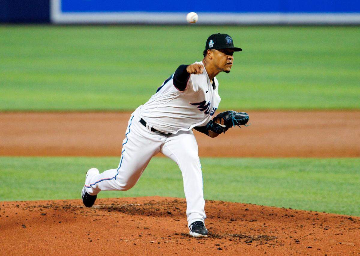 Miami Marlins starting pitcher Elieser Hernandez (57) pitches during the second inning of a baseball game against the Milwaukee Brewers at LoanDepot Park on Sunday, May 15, 2022 in Miami, Florida.
