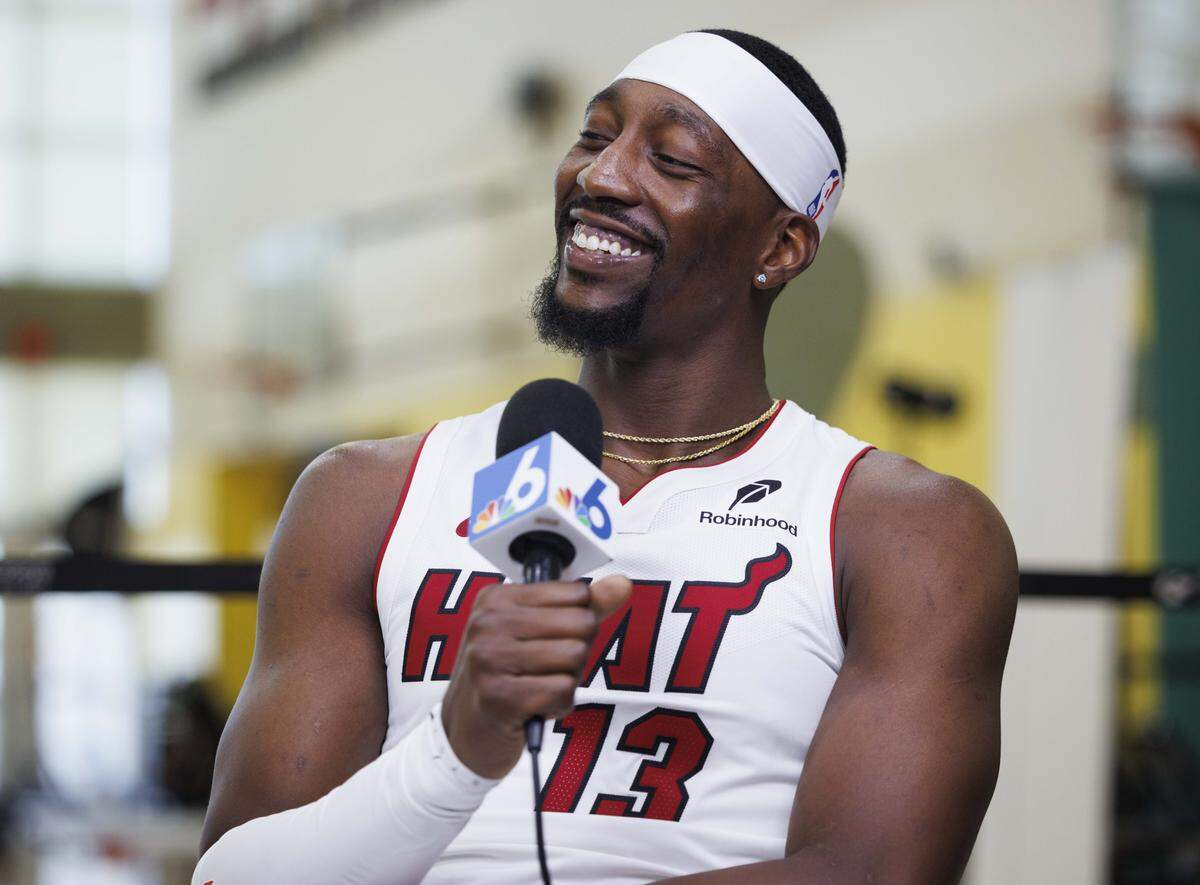 Bam Adebayo (13) talks during an interview at the Miami HEAT Media Day on Monday, Sept. 29, 2025, at the Kaseya Center in downtown Miami, Fla. 