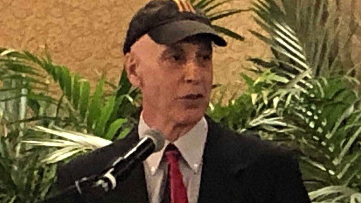 Lawyer and Cuban-American football hero Carlos Alvarez, known as ‘The Cuban Comet,’ wears the hat of the original Cuban Comet, baseball legend Minnie Minoso. He was honored at a May 2019 lunch by the group Facts About Cuban Exiles.