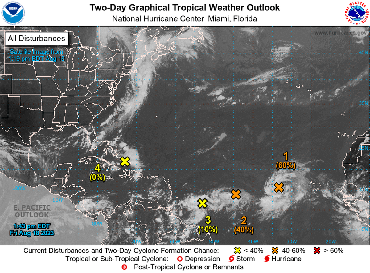 National Hurricane Center’s 2 p.m. Friday, Aug. 18, 2023, forecast map of the Atlantic tropics.