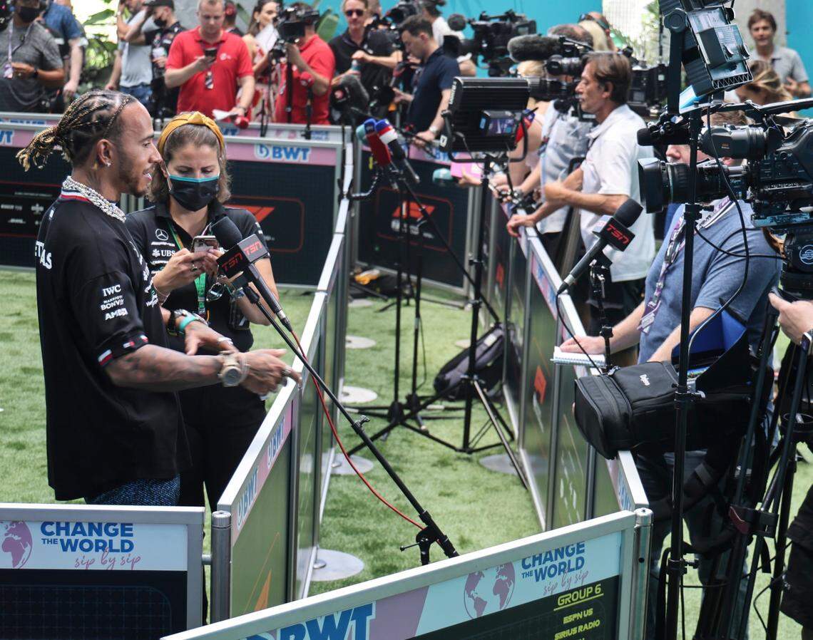 Mercedes driver Lewis Hamilton of Britain holds interviews in the interview pen prior to the first practice session at the Formula One Miami Grand Prix at Miami International Autodrome on Friday, May 6, 2022 in Miami Gardens, Florida.