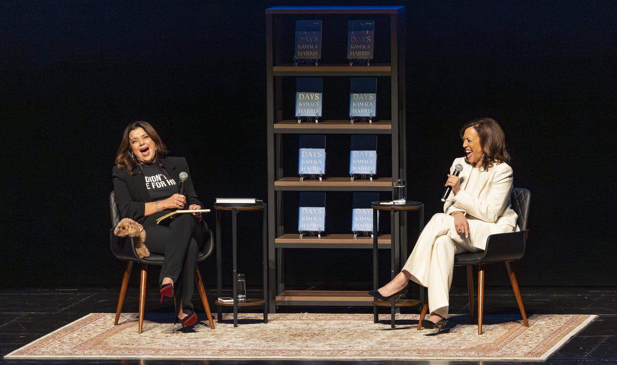 Former U.S. Vice President Kamala Harris discusses her book ‘107 Days’ at the Ziff Ballet Opera House at the Adrienne Arsht Center for the Performing Arts in Miami. Nicaraguan-American strategist and commentator Ana Navarro moderated the conversation.