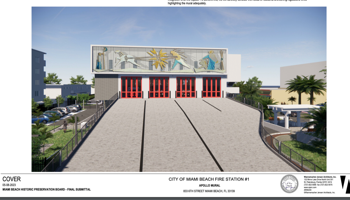 An architectural rendering shows a 1950s monumental mosaic mural that was saved from destruction in 2015 by Miami Beach preservationists at its new home at a South Beach fire station that will start construction in 2024. The mural, by artist Jack Stewart, depicts the Greek god Apollo flying his sun chariot across the sky.