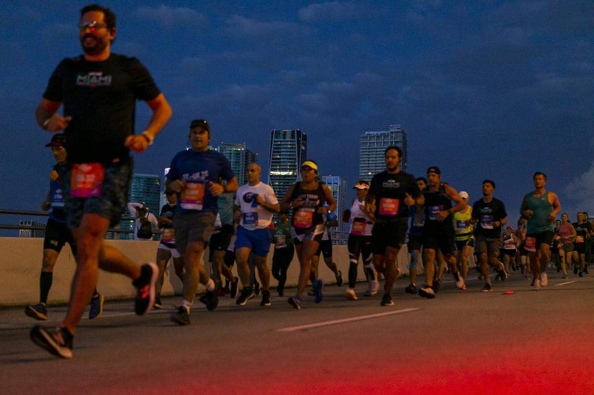 Runners make their way toward Watson Island from downtown Miami as they participate in the 18th annual Life Time Miami Marathon and Half Marathon on Sunday, February 9, 2020. There were more than 20,000 combined runners registered for the marathon and half marathon.